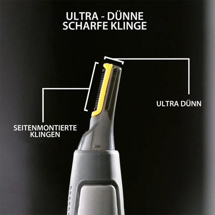 "Ultradünner Präzisionstrimmer mit titaniumbeschichteten Klingen, ergonomischem Griff und LED, ideal für Gesichtsbehaarung"