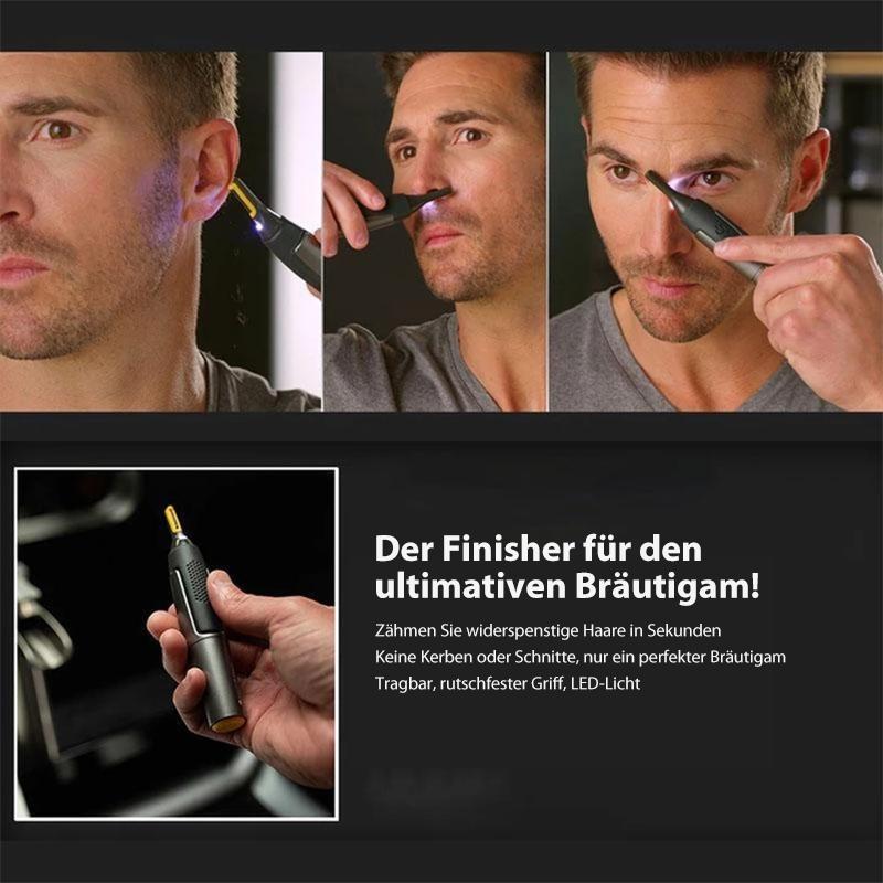 "Ultradünner Präzisionstrimmer mit titaniumbeschichteten Klingen, ergonomischem Griff und LED, ideal für Gesichtsbehaarung"