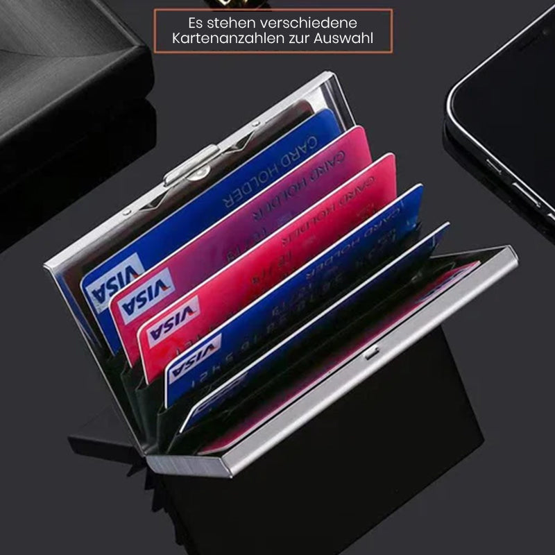 "Ultradünnes Edelstahl-Kartenetui mit RFID-Schutz, Akkordeon-Design in Silber, bietet Platz für 6 Karten, sicherer Verschluss