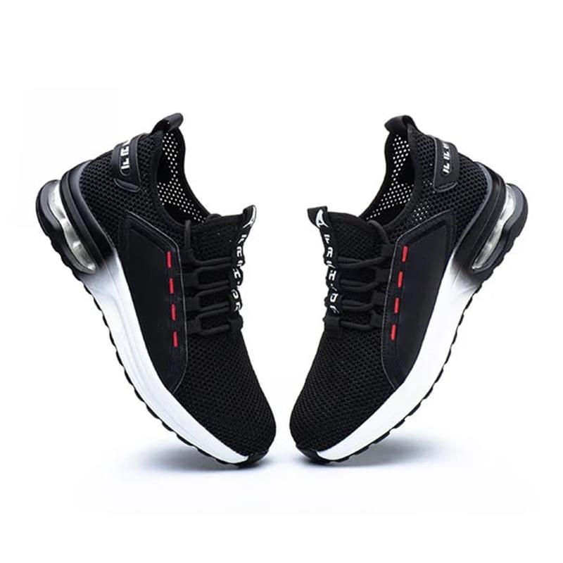 "Ultraleichte Sicherheitsschuhe mit Stahlkappe, Kevlar, atmungsaktivem Mesh und stoßdämpfender Sohle auf hellem Hintergrund."