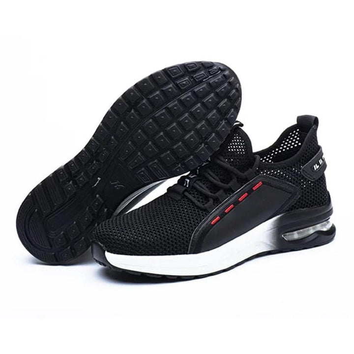 "Ultraleichte Sicherheitsschuhe mit Stahlkappe, Kevlar, atmungsaktivem Mesh und stoßdämpfender Sohle auf hellem Hintergrund."