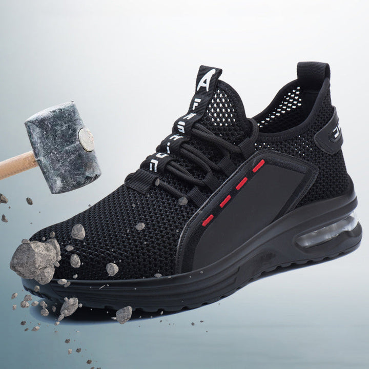 "Ultraleichte Sicherheitsschuhe mit Stahlkappe, Kevlar, atmungsaktivem Mesh und stoßdämpfender Sohle auf hellem Hintergrund."