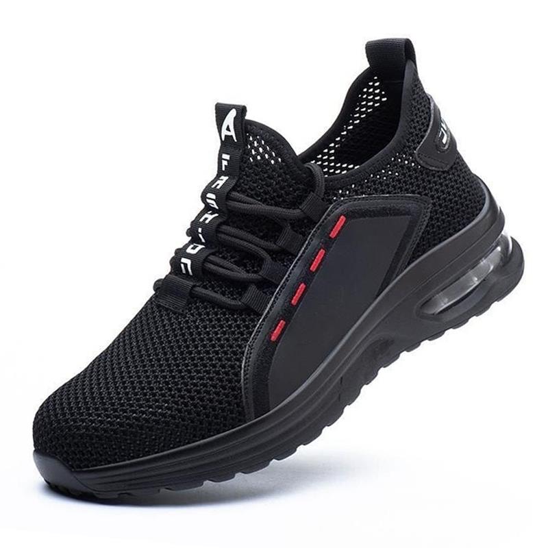 "Ultraleichte Sicherheitsschuhe mit Stahlkappe, Kevlar, atmungsaktivem Mesh und stoßdämpfender Sohle auf hellem Hintergrund."