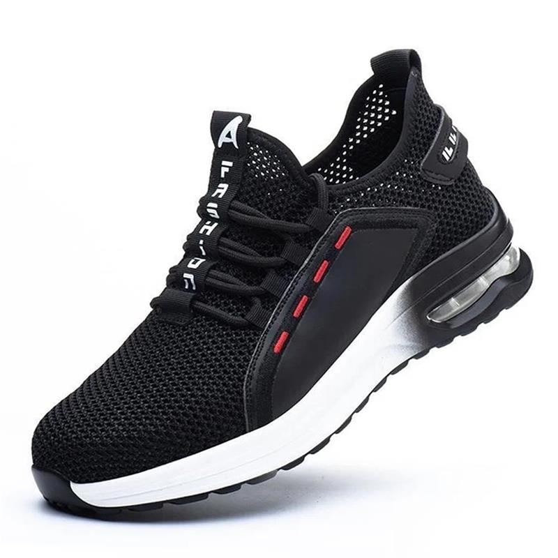 "Ultraleichte Sicherheitsschuhe mit Stahlkappe, Kevlar, atmungsaktivem Mesh und stoßdämpfender Sohle auf hellem Hintergrund."