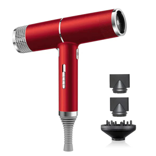 "Ultraleichter Haartrockner mit Hochgeschwindigkeitsmotor, ergonomisches Design, in Grau, Rot oder Schwarz erhältlich."