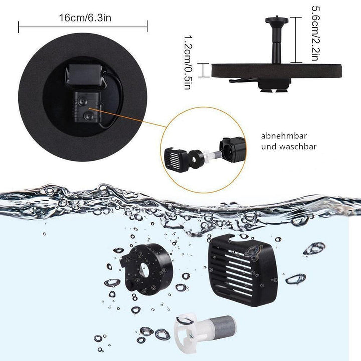 "Umweltfreundliche solarbetriebene Brunnenpumpe für Garten mit vielseitigen Düsen, ideal für dekorative Wasserspiele."