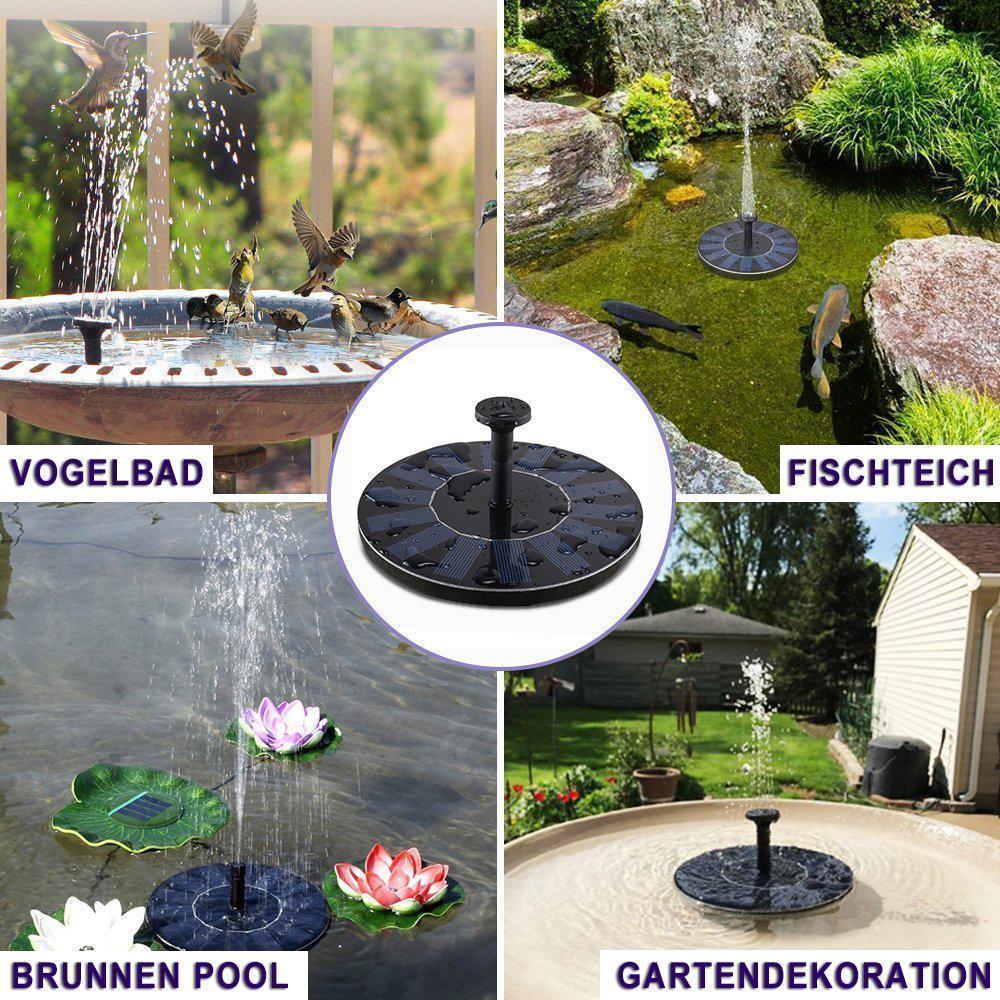 "Umweltfreundliche solarbetriebene Brunnenpumpe für Garten mit vielseitigen Düsen, ideal für dekorative Wasserspiele."