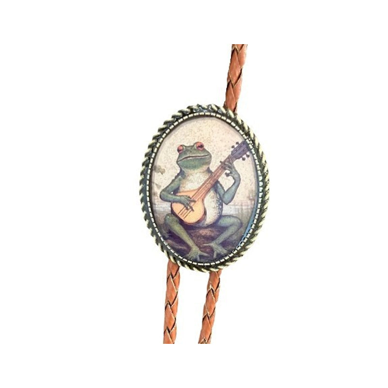 "Unisex Bolo Krawatte mit Banjo Frosch Design; stilvolles Accessoire, verstellbare Lederbänder, moderner Look."