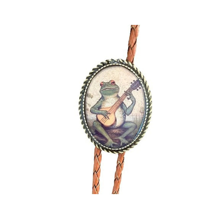 "Unisex Bolo Krawatte mit Banjo Frosch Design; stilvolles Accessoire, verstellbare Lederbänder, moderner Look."