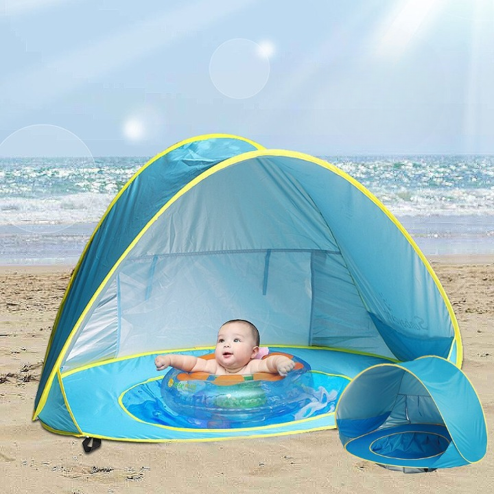"UV-Schutz-Strandzelt mit Pop-up-Design, integriertem Planschbecken, blau-grün, für Babys, ideal am Strand"