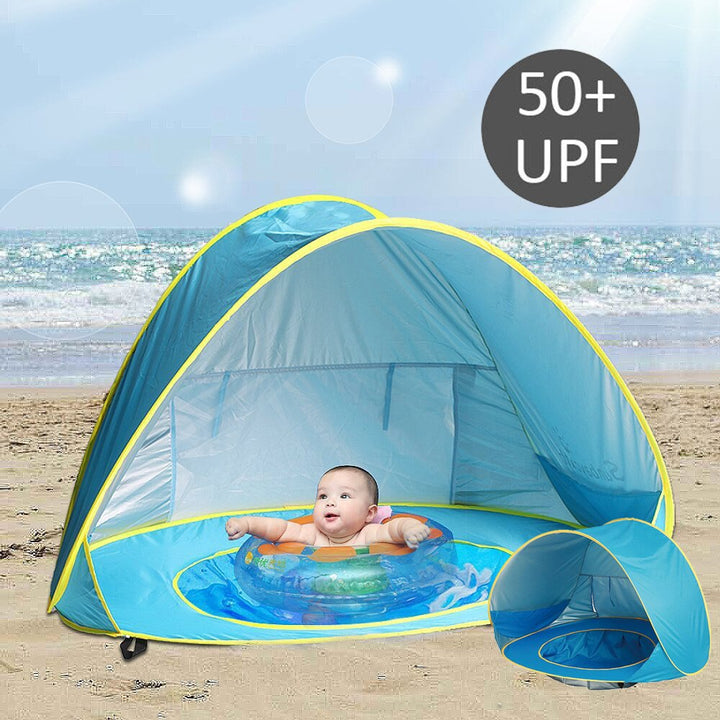 "UV-Schutz-Strandzelt mit Pop-up-Design, integriertem Planschbecken, blau-grün, für Babys, ideal am Strand"