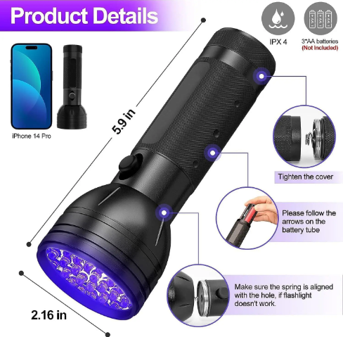 UV-Taschenlampe mit 51 LEDs, schwarz, aus Aluminium, für Tierflecken, Scorpione und Dokumentenprüfung, 395 nm Wellenlänge.