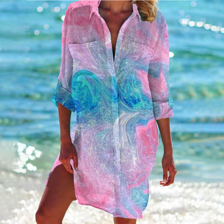 "Valencia Sommerkleid Damen in A-Linie mit floralen Designs, leuchtende Farben, ideal für Gartenpartys und Sommerabende."