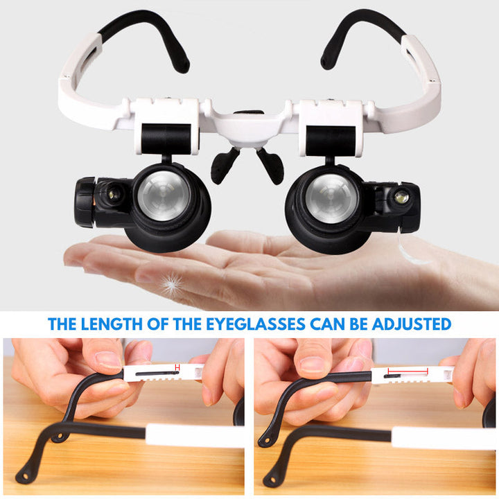 "Vergrößerungsbrille mit 3 Linsen, LED-Licht, leichte Fassung; ideal für präzise Details und Arbeiten bei wenig Licht."