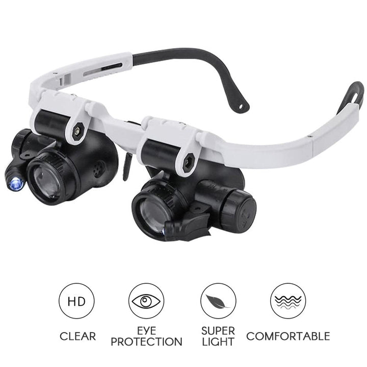 "Vergrößerungsbrille mit 3 Linsen, LED-Licht, leichte Fassung; ideal für präzise Details und Arbeiten bei wenig Licht."