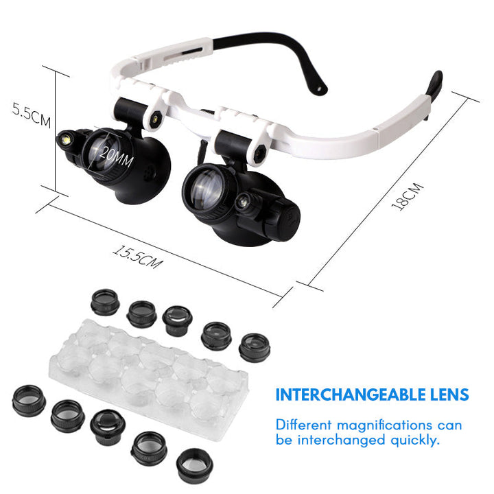 "Vergrößerungsbrille mit 3 Linsen, LED-Licht, leichte Fassung; ideal für präzise Details und Arbeiten bei wenig Licht."