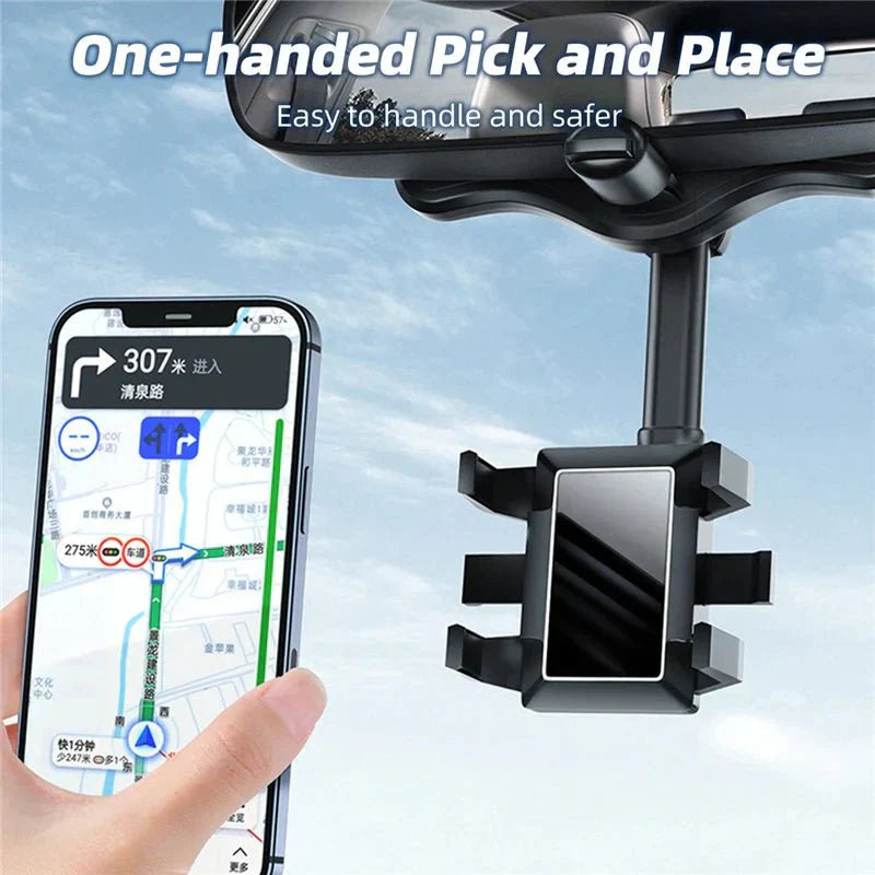 "Verstellbarer 360° Rückspiegel Handyhalter für Autos, optimiert für sichere Navigation und einfache Smartphone-Befestigung."