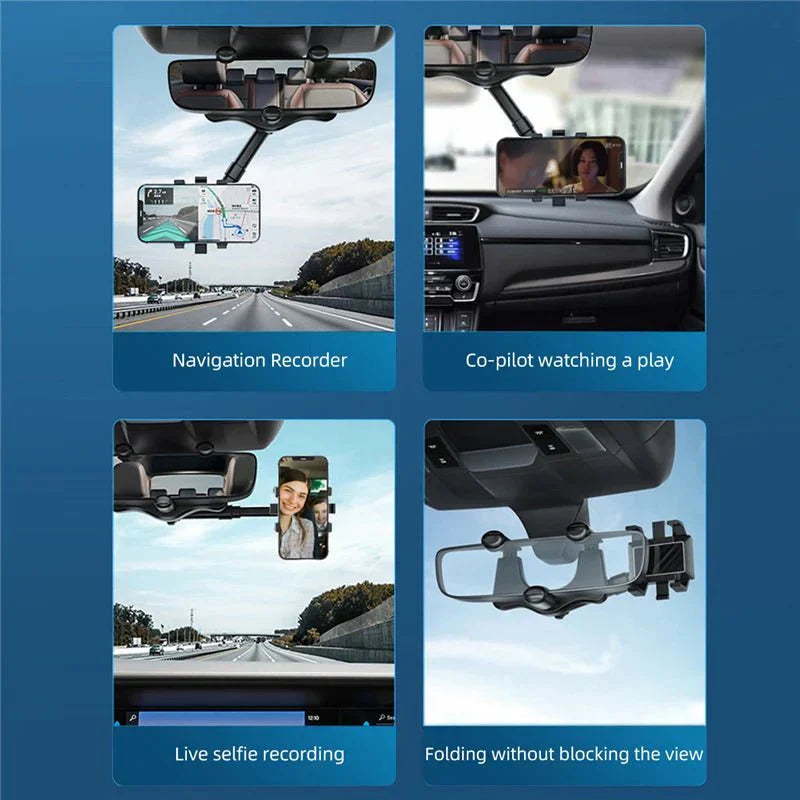 "Verstellbarer 360° Rückspiegel Handyhalter für Autos, optimiert für sichere Navigation und einfache Smartphone-Befestigung."