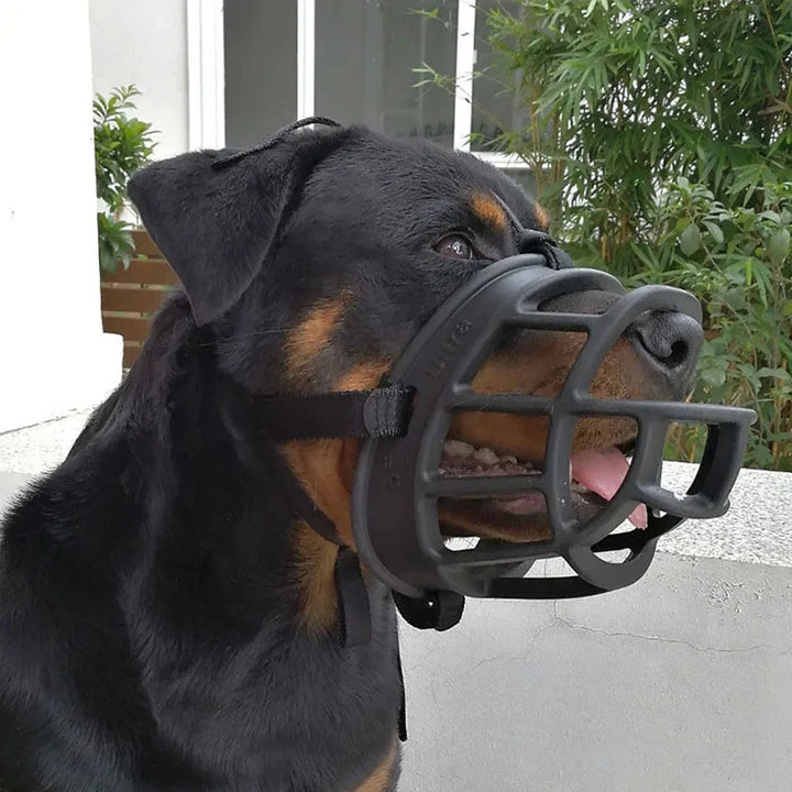 Verstellbarer Hundemaulkorb aus Silikon in Grau, Rot und Schwarz, ideal für Sicherheit und Komfort bei Spaziergängen.