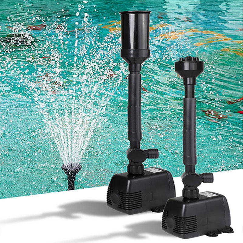 "Vielseitige Springbrunnenpumpe aus robustem Material mit Düsenaufsätzen für individuelle Wasserstrahlmuster im Garten."