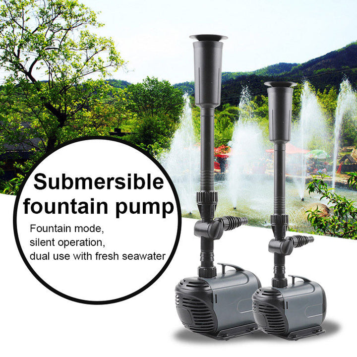 "Vielseitige Springbrunnenpumpe aus robustem Material mit Düsenaufsätzen für individuelle Wasserstrahlmuster im Garten."