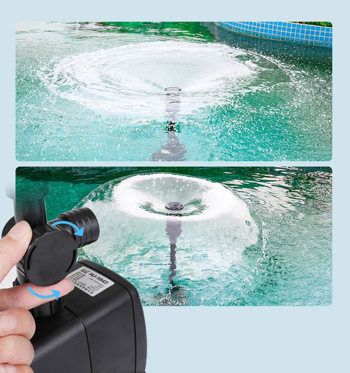 "Vielseitige Springbrunnenpumpe aus robustem Material mit Düsenaufsätzen für individuelle Wasserstrahlmuster im Garten."