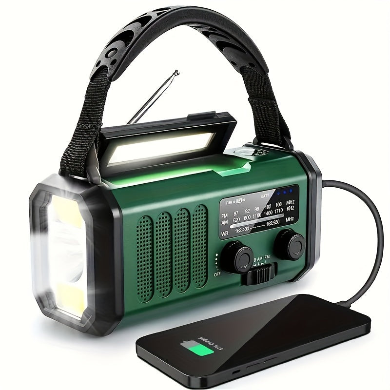 Vielseitiges Solar-Notfallradio mit Powerbank, Kurbelradio und LED-Licht, ideal für Outdoor-Aktivitäten und Notfälle.