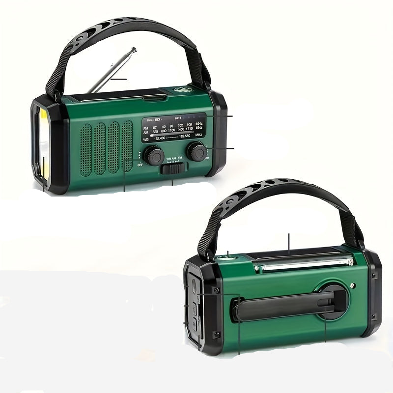 Vielseitiges Solar-Notfallradio mit Powerbank, Kurbelradio und LED-Licht, ideal für Outdoor-Aktivitäten und Notfälle.