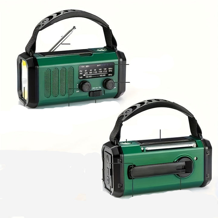 Vielseitiges Solar-Notfallradio mit Powerbank, Kurbelradio und LED-Licht, ideal für Outdoor-Aktivitäten und Notfälle.