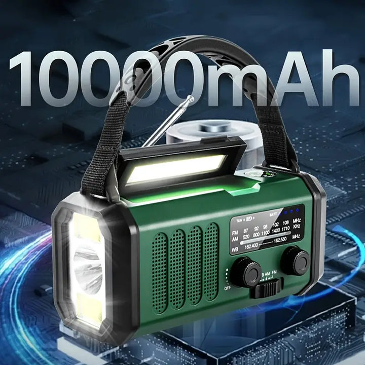 Vielseitiges Solar-Notfallradio mit Powerbank, Kurbelradio und LED-Licht, ideal für Outdoor-Aktivitäten und Notfälle.