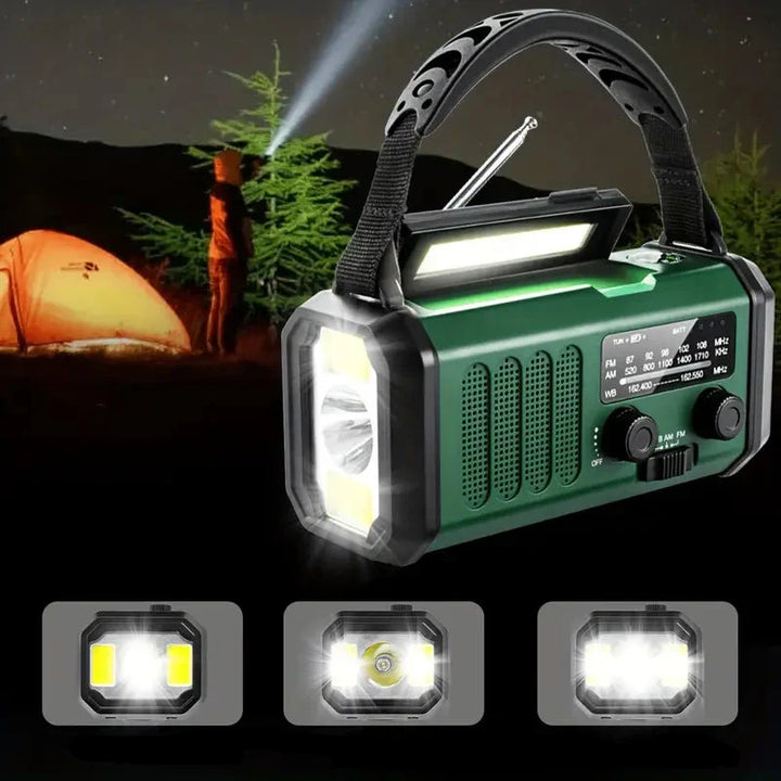 Vielseitiges Solar-Notfallradio mit Powerbank, Kurbelradio und LED-Licht, ideal für Outdoor-Aktivitäten und Notfälle.