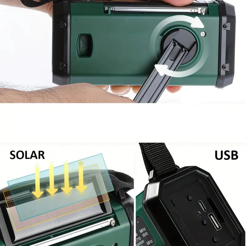 Vielseitiges Solar-Notfallradio mit Powerbank, Kurbelradio und LED-Licht, ideal für Outdoor-Aktivitäten und Notfälle.