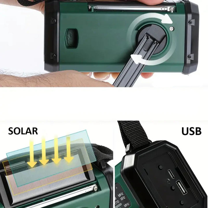 Vielseitiges Solar-Notfallradio mit Powerbank, Kurbelradio und LED-Licht, ideal für Outdoor-Aktivitäten und Notfälle.