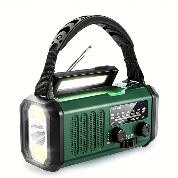 Vielseitiges Solar-Notfallradio mit Powerbank, Kurbelradio und LED-Licht, ideal für Outdoor-Aktivitäten und Notfälle.