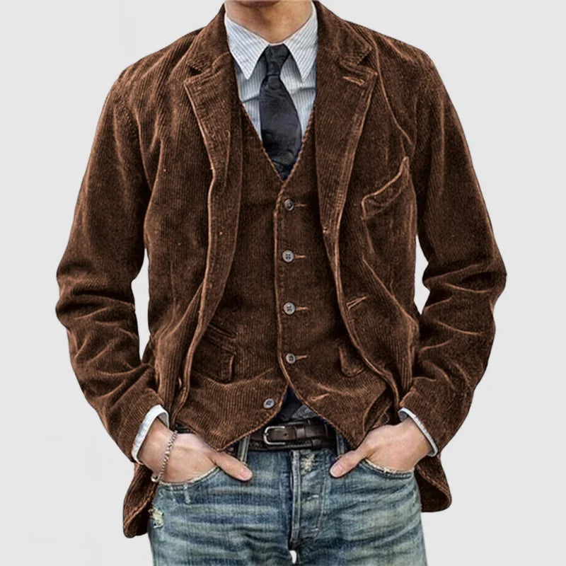 "Vintage Herren-Blazer und Weste im Retro-Stil, braun mit klassischem Schnitt, perfekt für elegante Anlässe."