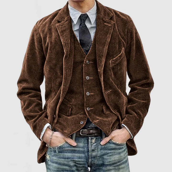 "Vintage Herren-Blazer und Weste im Retro-Stil, braun mit klassischem Schnitt, perfekt für elegante Anlässe."