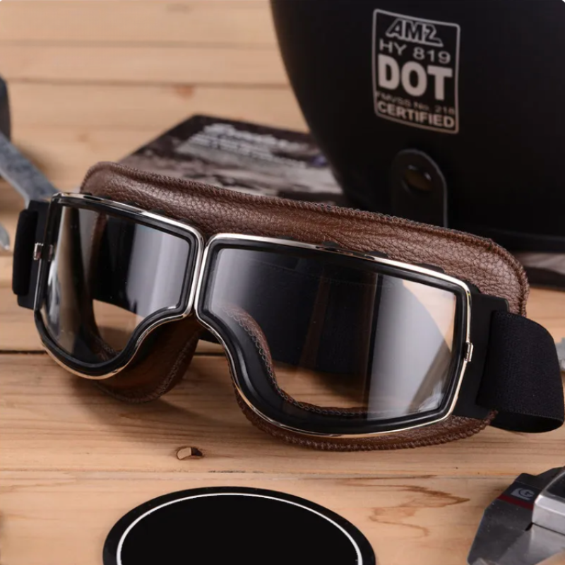 "Vintage Leder Motorradbrille in Retro-Stil, robustes Design, 4-Farben Gläser, idealer Schutz für Motorradfahrer."