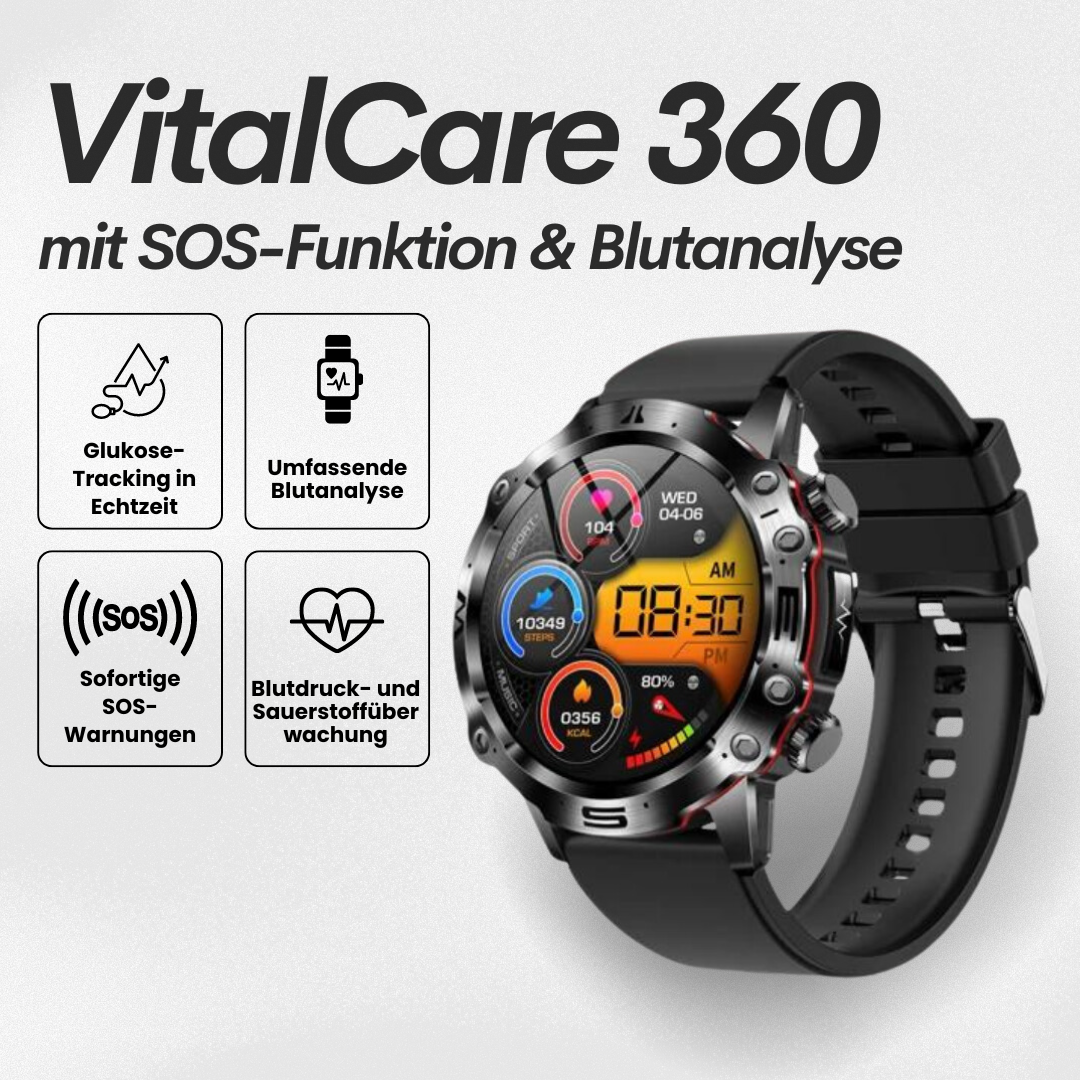 "VitalCare 360 Smartwatch mit SOS-Funktion, nadelfreier Blutzuckermessung, schwarzem Gehäuse und modernem, schlankem Design"