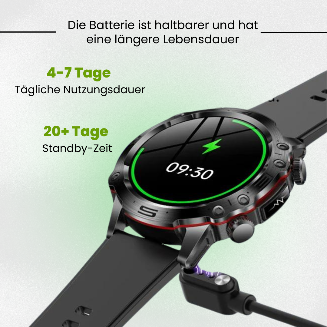 "VitalCare 360 Smartwatch mit SOS-Funktion, nadelfreier Blutzuckermessung, schwarzem Gehäuse und modernem, schlankem Design"