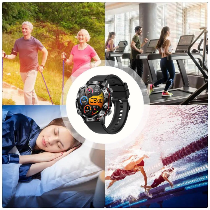 "VitalCare 360 Smartwatch mit SOS-Funktion, nadelfreier Blutzuckermessung, schwarzem Gehäuse und modernem, schlankem Design"