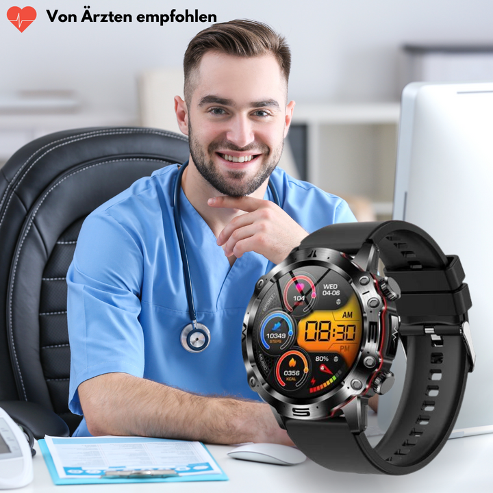 "VitalCare 360 Smartwatch mit SOS-Funktion, nadelfreier Blutzuckermessung, schwarzem Gehäuse und modernem, schlankem Design"