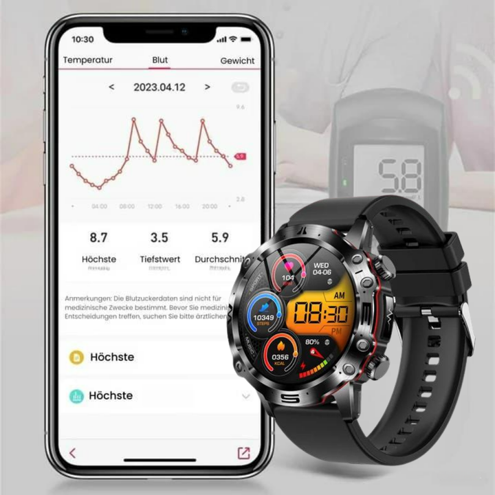 "VitalCare 360 Smartwatch mit SOS-Funktion, nadelfreier Blutzuckermessung, schwarzem Gehäuse und modernem, schlankem Design"