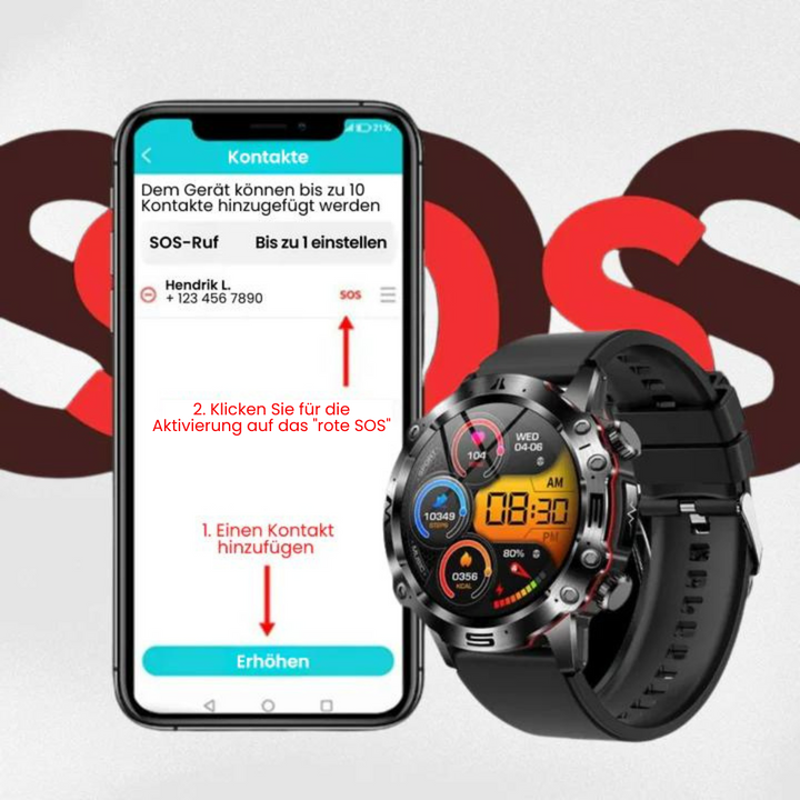 "VitalCare 360 Smartwatch mit SOS-Funktion, nadelfreier Blutzuckermessung, schwarzem Gehäuse und modernem, schlankem Design"