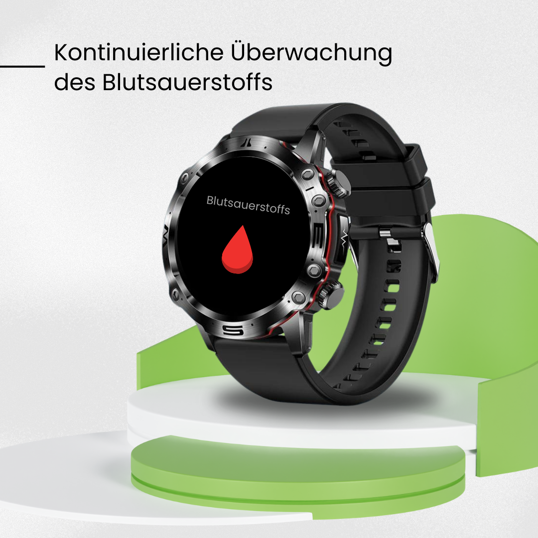 "VitalCare 360 Smartwatch mit SOS-Funktion, nadelfreier Blutzuckermessung, schwarzem Gehäuse und modernem, schlankem Design"