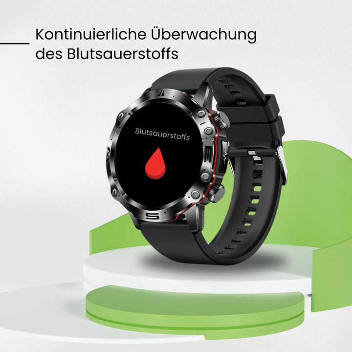 "VitalCare 360 Smartwatch mit SOS-Funktion, nadelfreier Blutzuckermessung, schwarzem Gehäuse und modernem, schlankem Design"