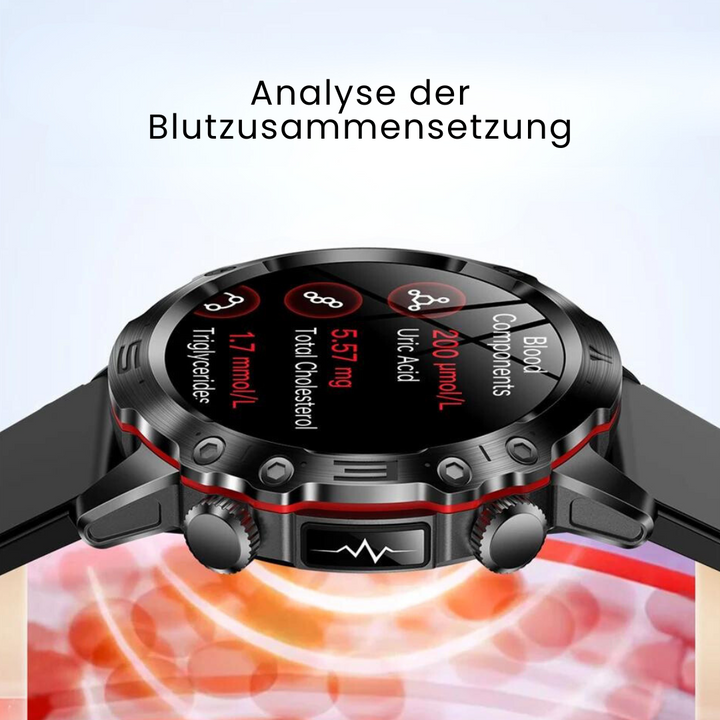 "VitalCare 360 Smartwatch mit SOS-Funktion, nadelfreier Blutzuckermessung, schwarzem Gehäuse und modernem, schlankem Design"