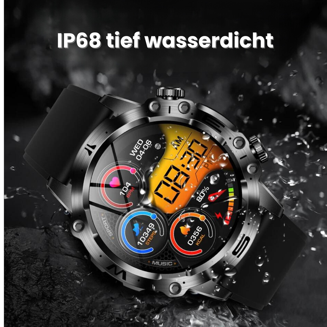 "VitalCare 360 Smartwatch mit SOS-Funktion, nadelfreier Blutzuckermessung, schwarzem Gehäuse und modernem, schlankem Design"
