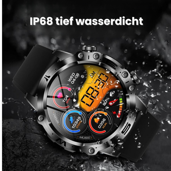 "VitalCare 360 Smartwatch mit SOS-Funktion, nadelfreier Blutzuckermessung, schwarzem Gehäuse und modernem, schlankem Design"