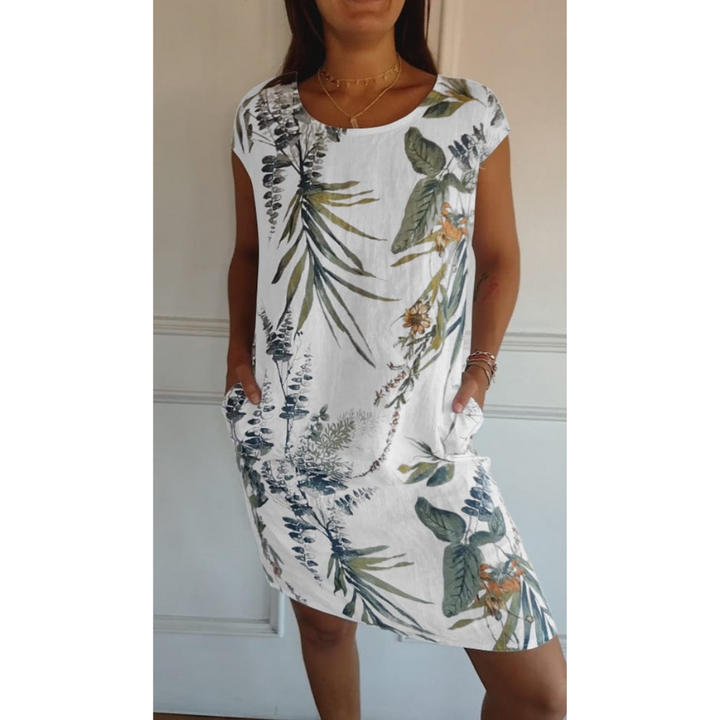 "Vorderansicht Margarita Kleid, Sommerkleid mit Rundhalsausschnitt, bequem, stilvoll, elegantes Design"