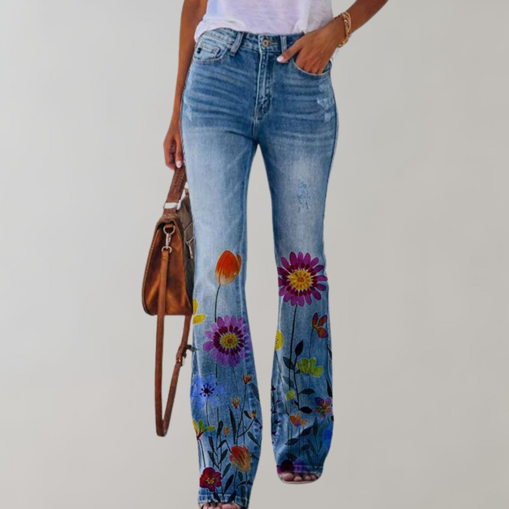 "Wagner Damen Schlaghose, florales Muster, hoch tailliert, ausgestelltes Bein, elegantes Design, vielseitig, komfortabel."